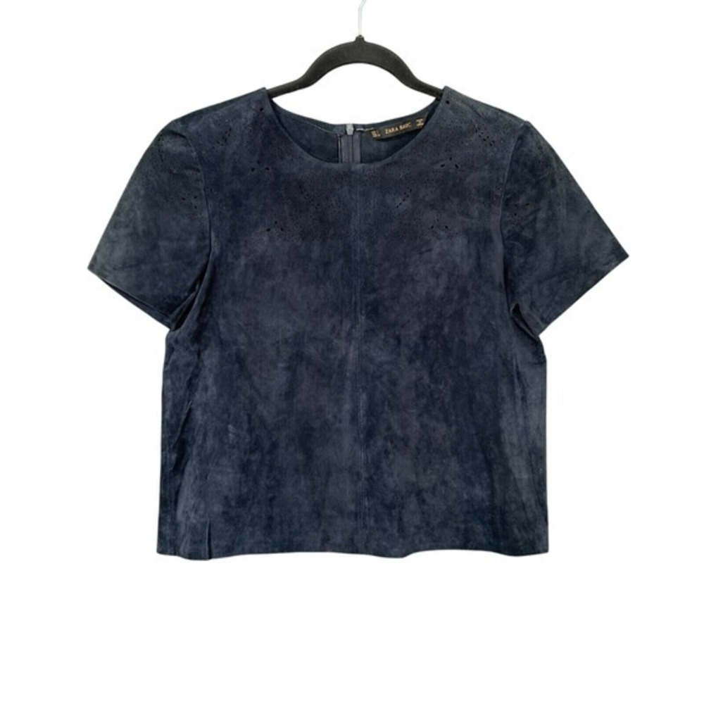 Zara Top Womens S Navy Suede‎ Leather Perforated Laser Cut Out Boho Western Chic
